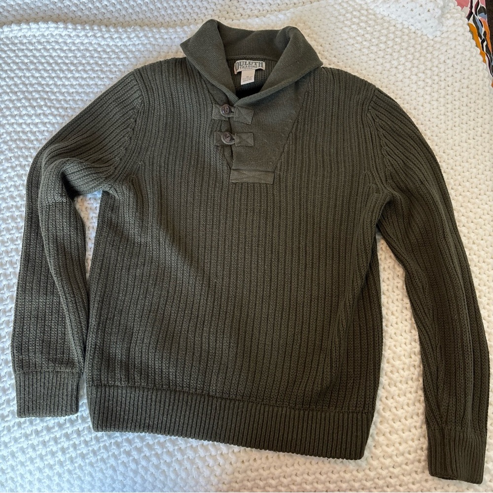 Duluth Trading Co Olive Shawl Collar Sweater